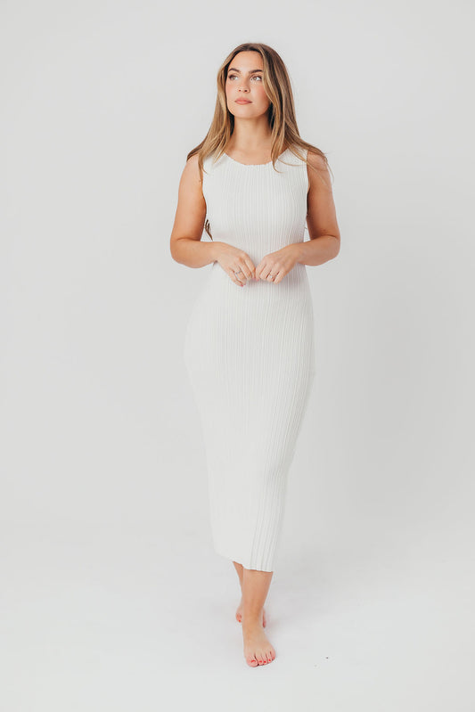 Falling For You Patterned Rib Knit Midi Dress in White