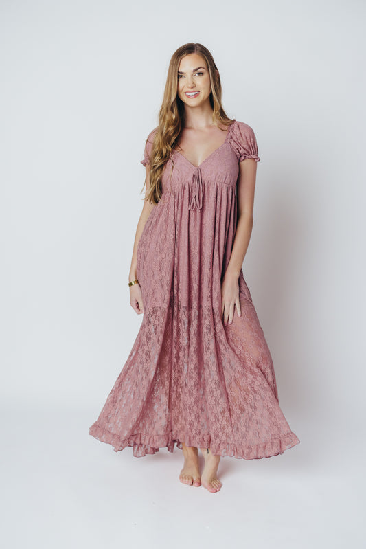 Lindsey Lace Maxi Dress with Ruffles in Desert Rose