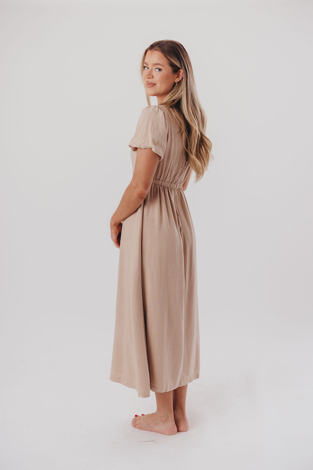 Ainsley Square Neck Midi Dress with Puffed Sleeves in Deep Taupe - Bump Friendly