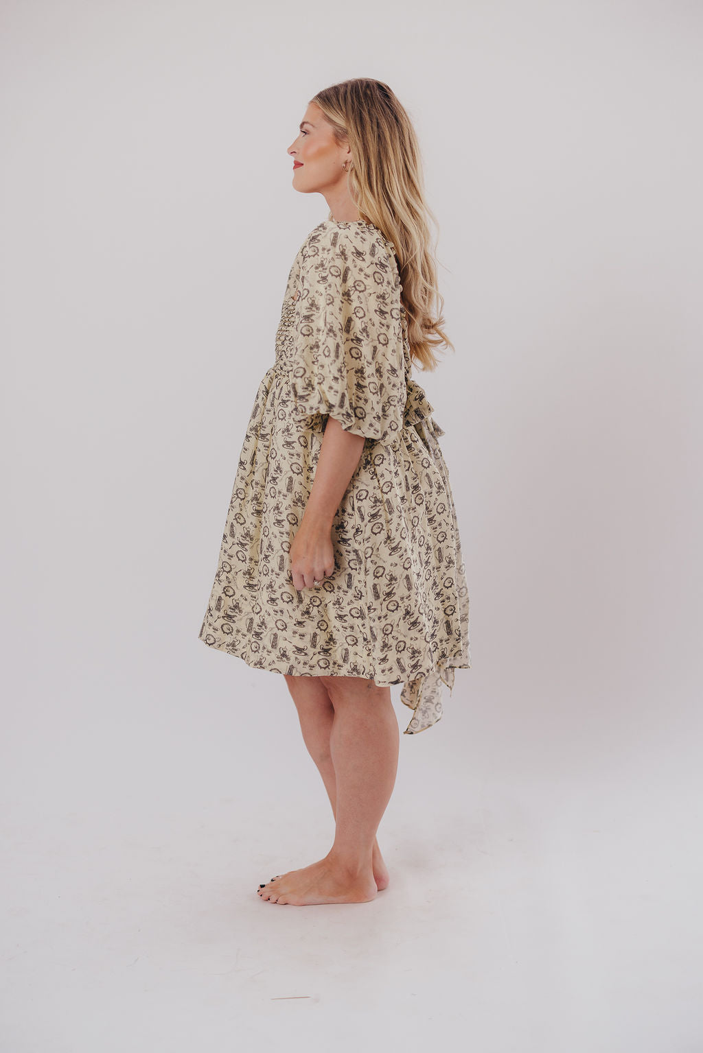 Melody Mini Dress with Pleats and Bow Detail in Ivory Vintage Tea