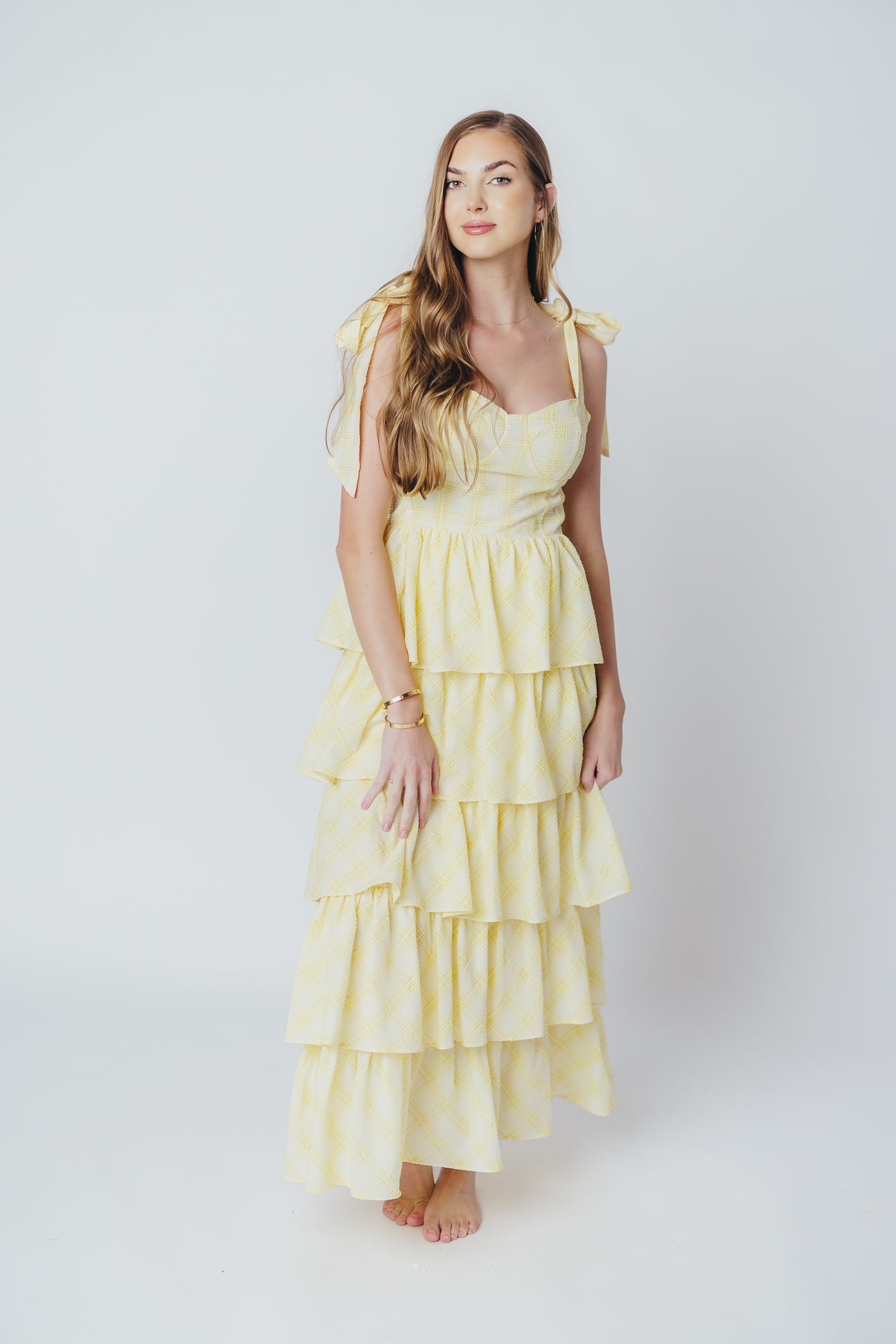 Jacquelyn Seersucker Midi Dress in Yellow Plaid