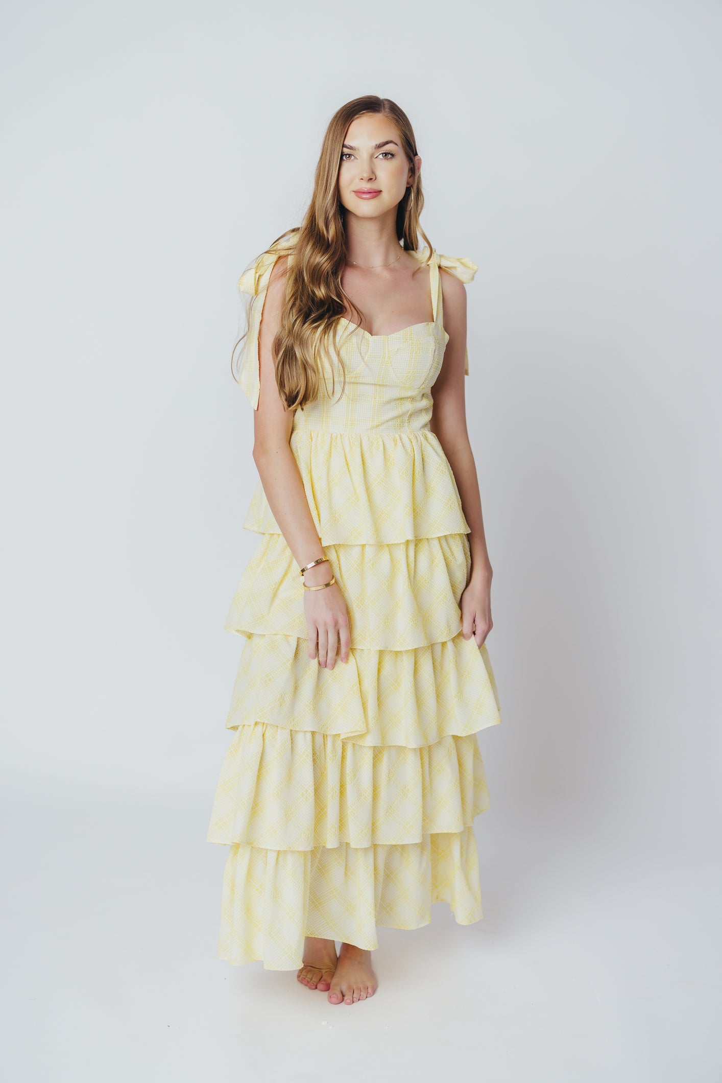 Jacquelyn Seersucker Midi Dress in Yellow Plaid