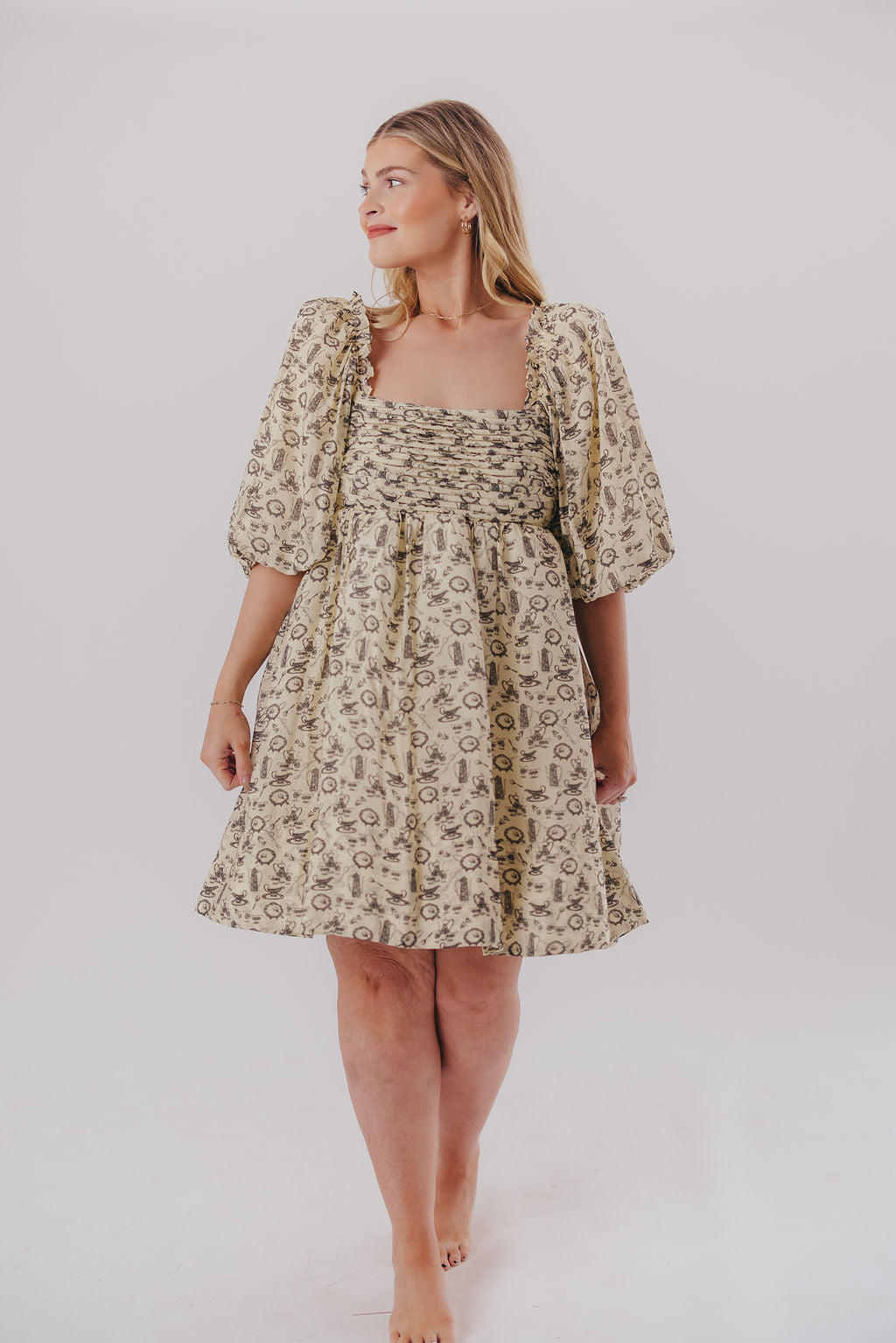 Melody Mini Dress with Pleats and Bow Detail in Ivory Vintage Tea