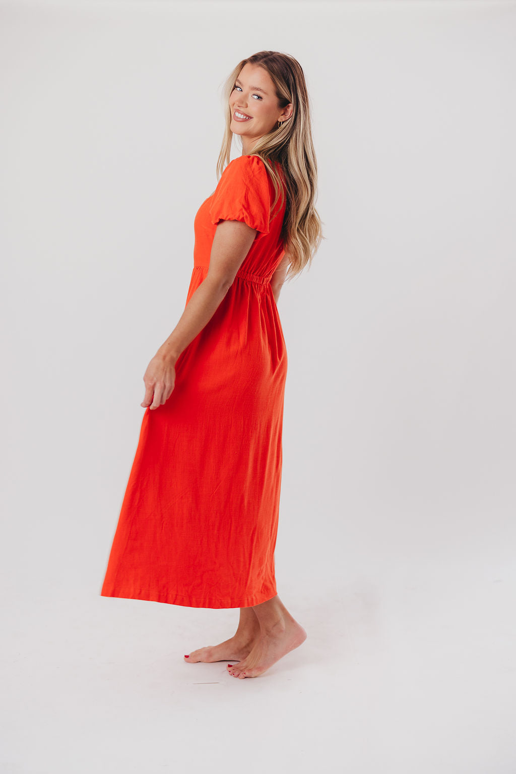 Ainsley Square Neck Midi Dress with Puffed Sleeves in Orange Poppy - Bump Friendly & Inclusive Sizing (S-3XL) FINAL FEW