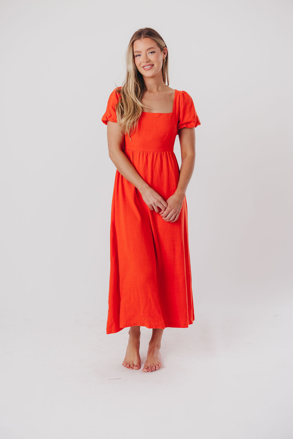 Ainsley Square Neck Midi Dress with Puffed Sleeves in Orange Poppy - Bump Friendly & Inclusive Sizing (S-3XL) FINAL FEW