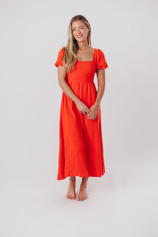 Ainsley Square Neck Midi Dress with Puffed Sleeves in Orange Poppy - Bump Friendly & Inclusive Sizing (S-3XL)