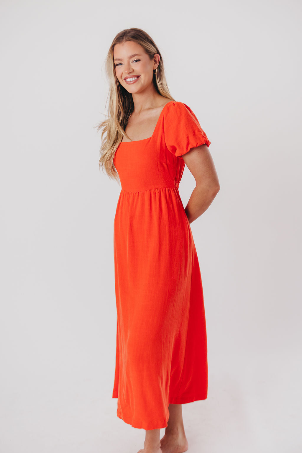Ainsley Square Neck Midi Dress with Puffed Sleeves in Orange Poppy - Bump Friendly & Inclusive Sizing (S-3XL) FINAL FEW