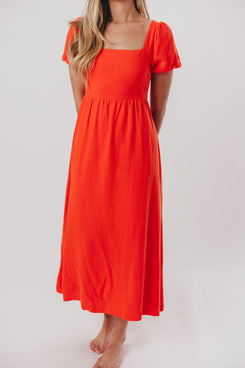 Ainsley Square Neck Midi Dress with Puffed Sleeves in Orange Poppy - Bump Friendly & Inclusive Sizing (S-3XL) FINAL FEW