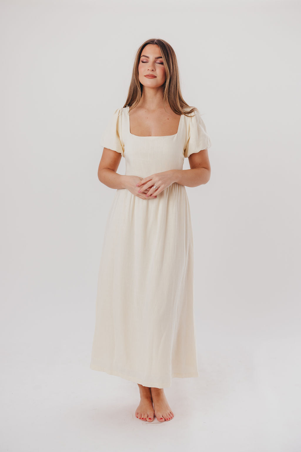 Ainsley Square Neck Midi Dress with Puffed Sleeves in Ivory- Bump Friendly & Inclusive Sizing (S-3XL)