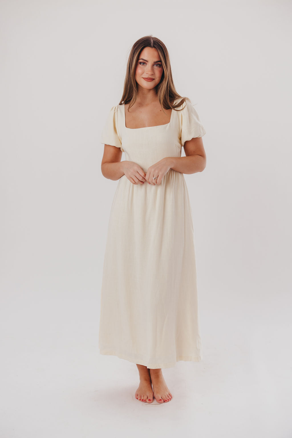 Ainsley Square Neck Midi Dress with Puffed Sleeves in Ivory- Bump Friendly & Inclusive Sizing (S-3XL)