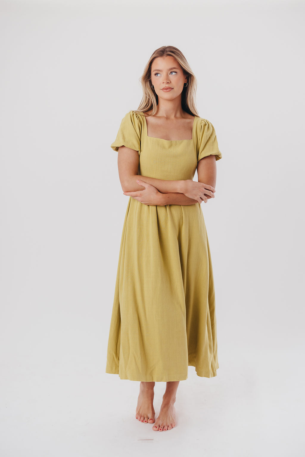 Ainsley Square Neck Midi Dress with Puffed Sleeves in Sweet Pea - Bump Friendly & Inclusive Sizing (S-3XL)