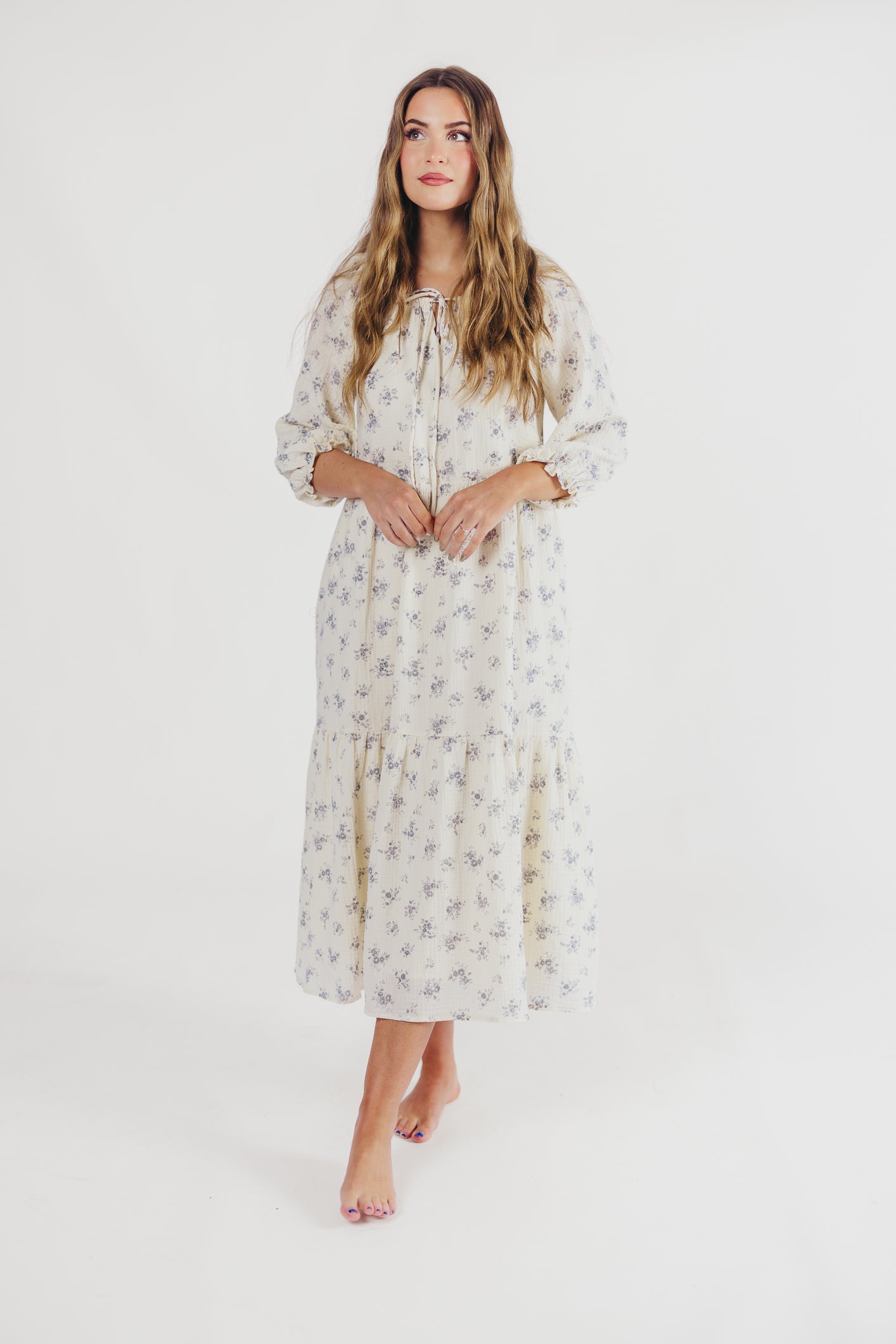 Jenna Tiered Gauze Midi Dress in Ivory Floral - Bump Friendly -Inclusive  Sizing (S-3X)