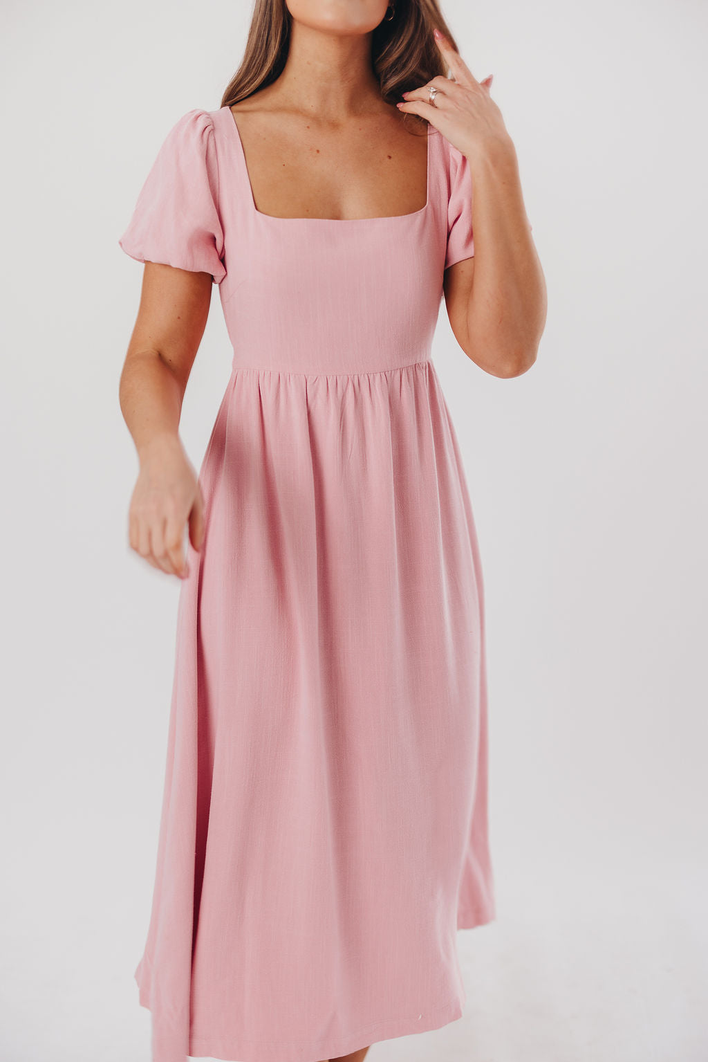 Ainsley Square Neck Midi Dress with Puffed Sleeves in Bright Blush - Bump Friendly & Inclusive Sizing (S-3XL)