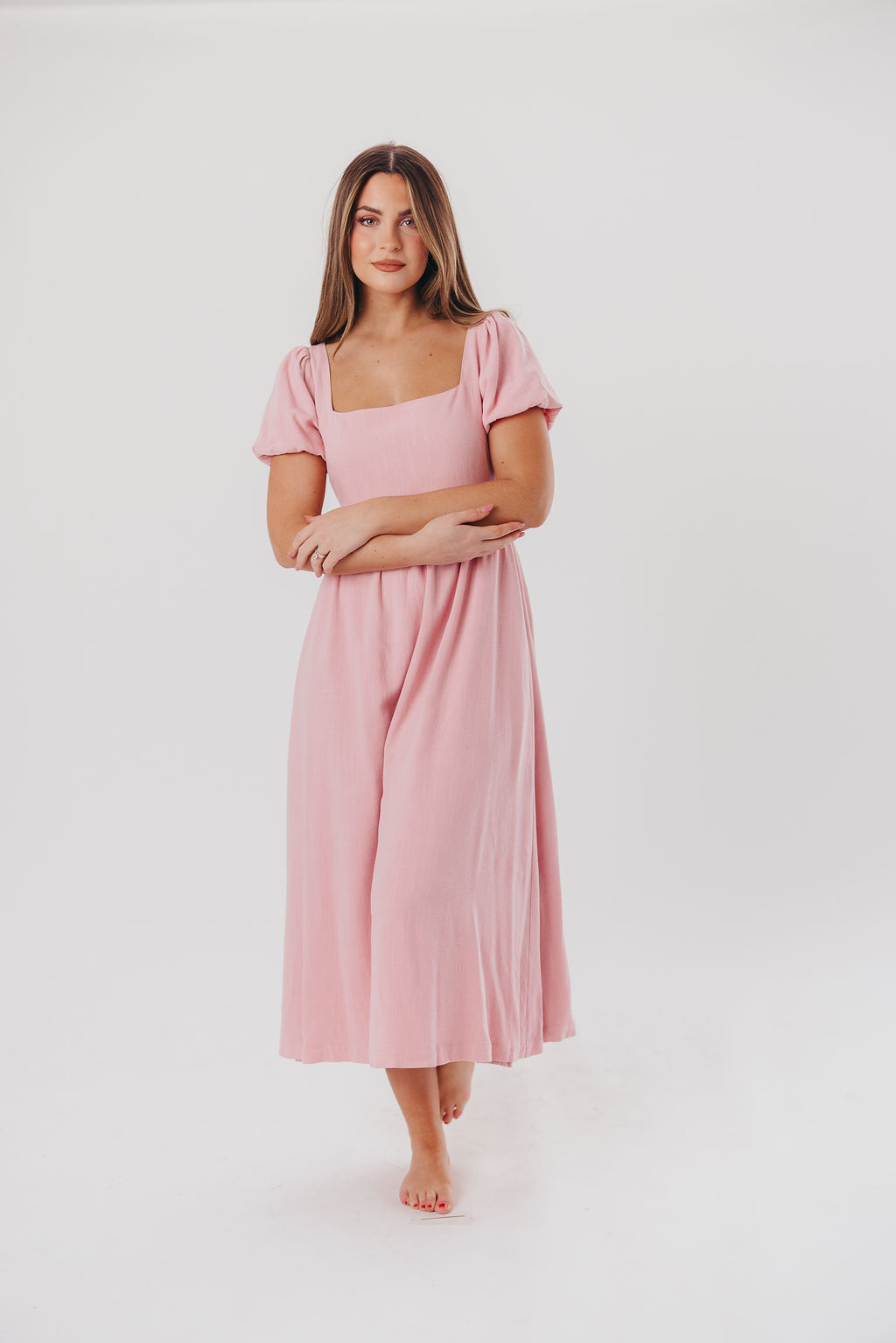 Ainsley Square Neck Midi Dress with Puffed Sleeves in Bright Blush - Bump Friendly & Inclusive Sizing (S-3XL)