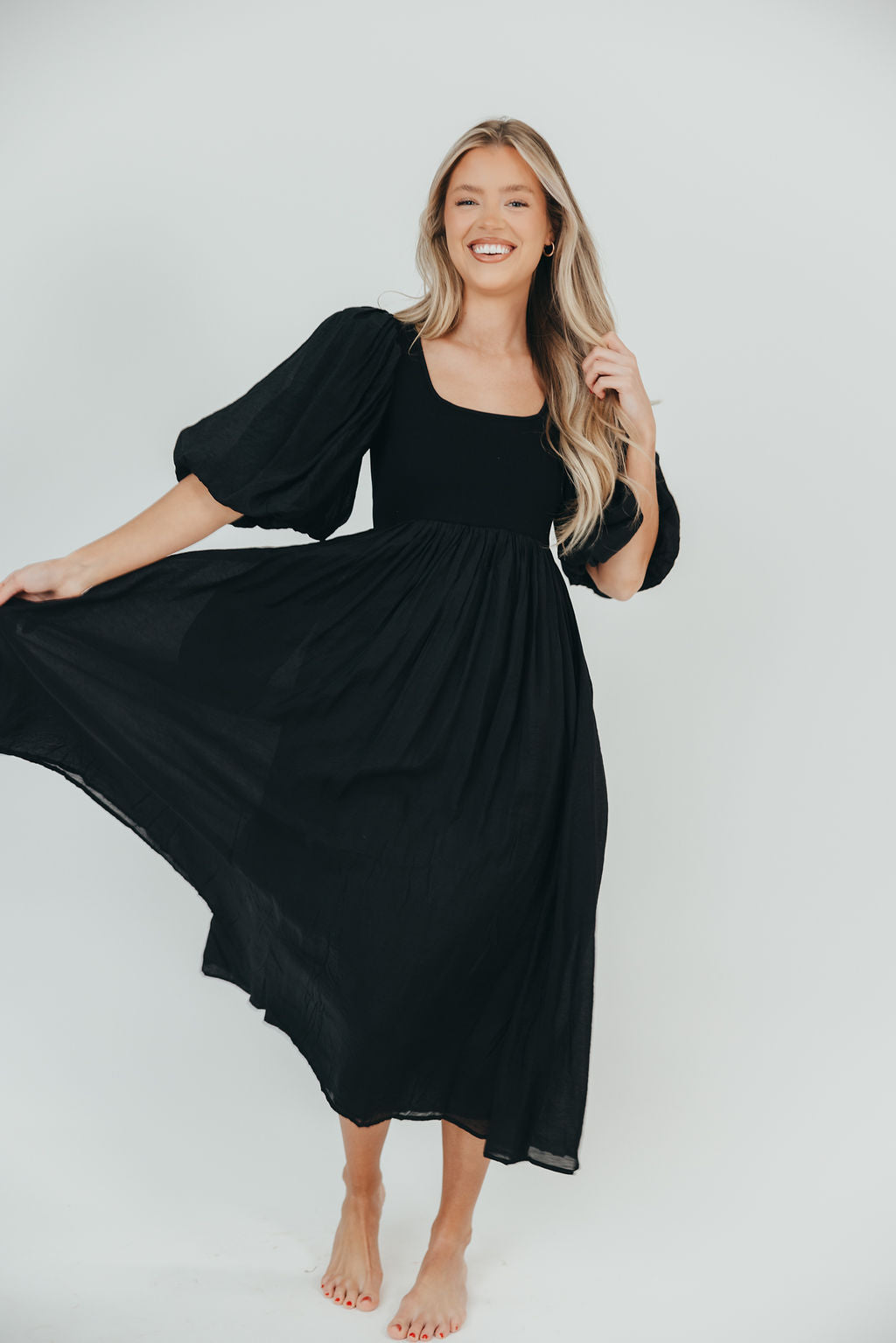 Raina Combination Midi Dress with Puff Sleeves in Black - Bump Friendly