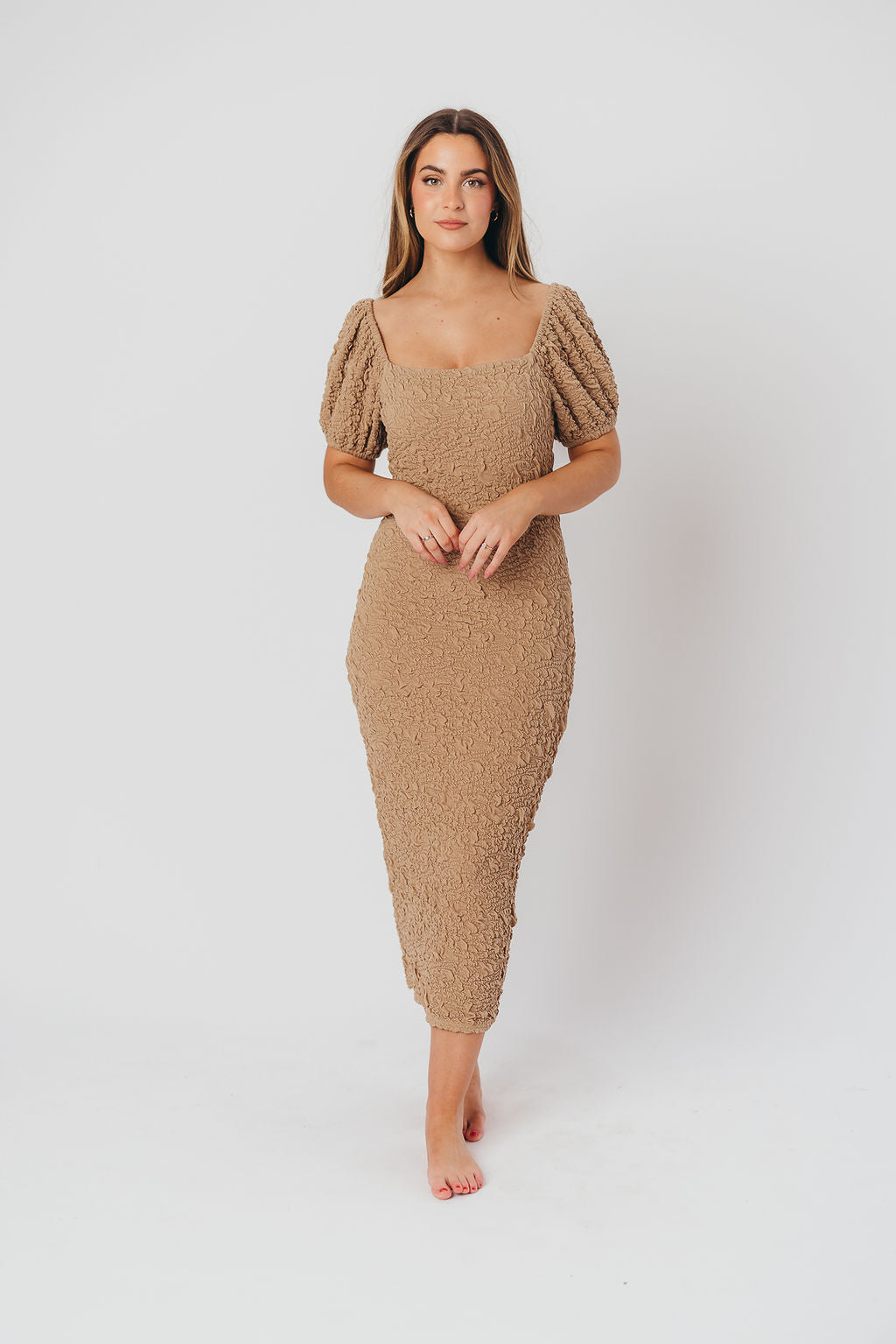 Blakeley Textured Midi Dress in Taupe - Bump Friendly (S-XL)
