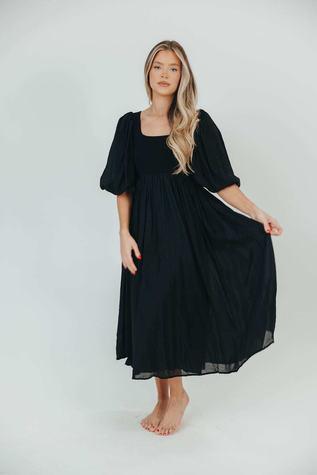 Raina Combination Midi Dress with Puff Sleeves in Black - Bump Friendly