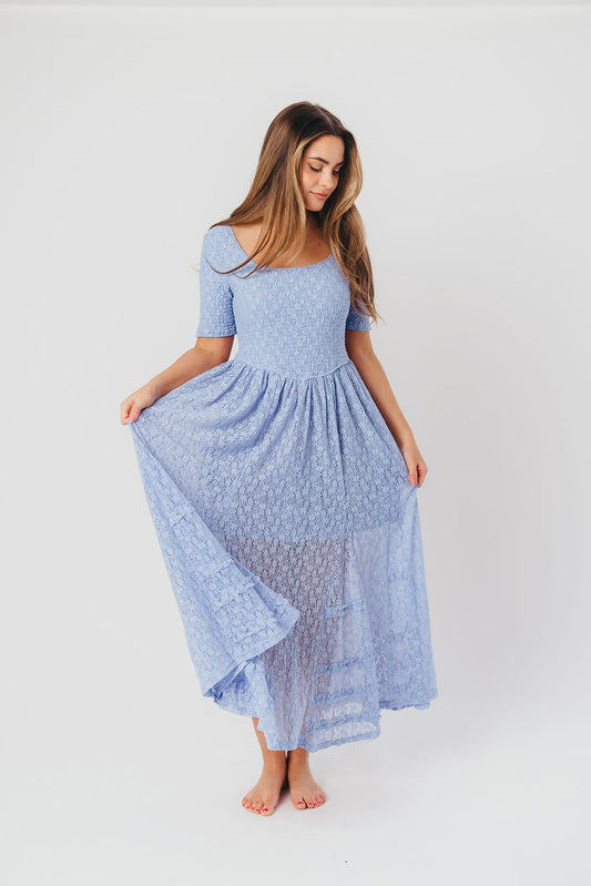 Calliope Dropped Waist Maxi Dress with Smocking & Lace in Cornflower Blue