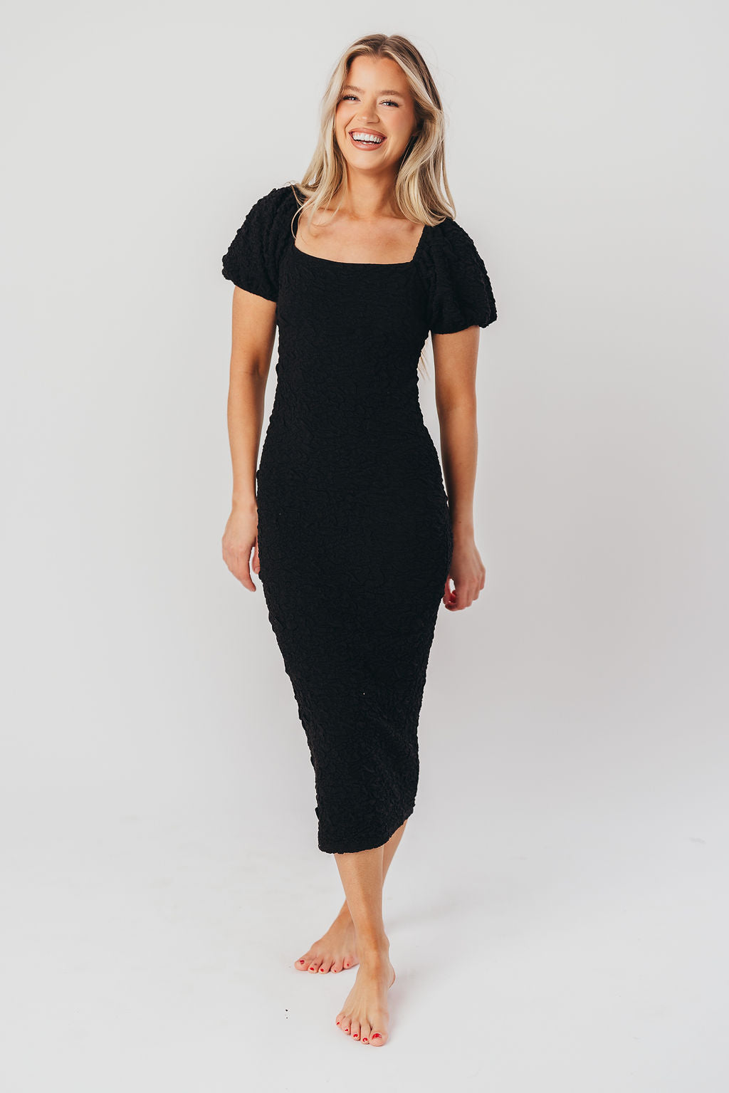 Blakeley Textured Midi Dress in Black - Bump Friendly & Inclusive Sizing (S-3XL)