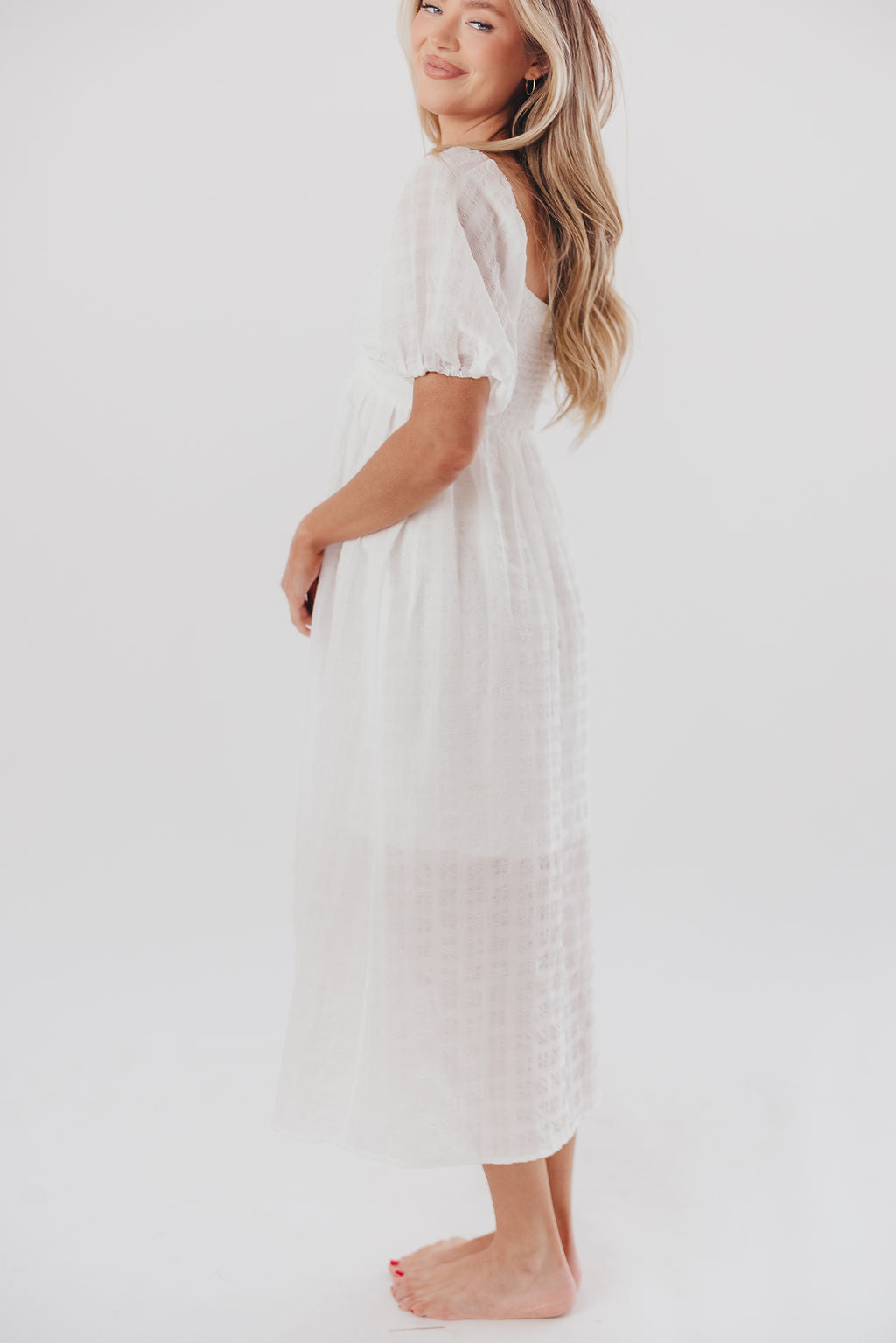 Clara Puffed Sleeve Midi Dress with Twisted Bodice in Cotton