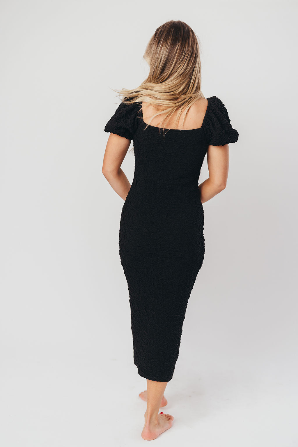 Blakeley Textured Midi Dress in Black - Bump Friendly & Inclusive Sizing (S-3XL)