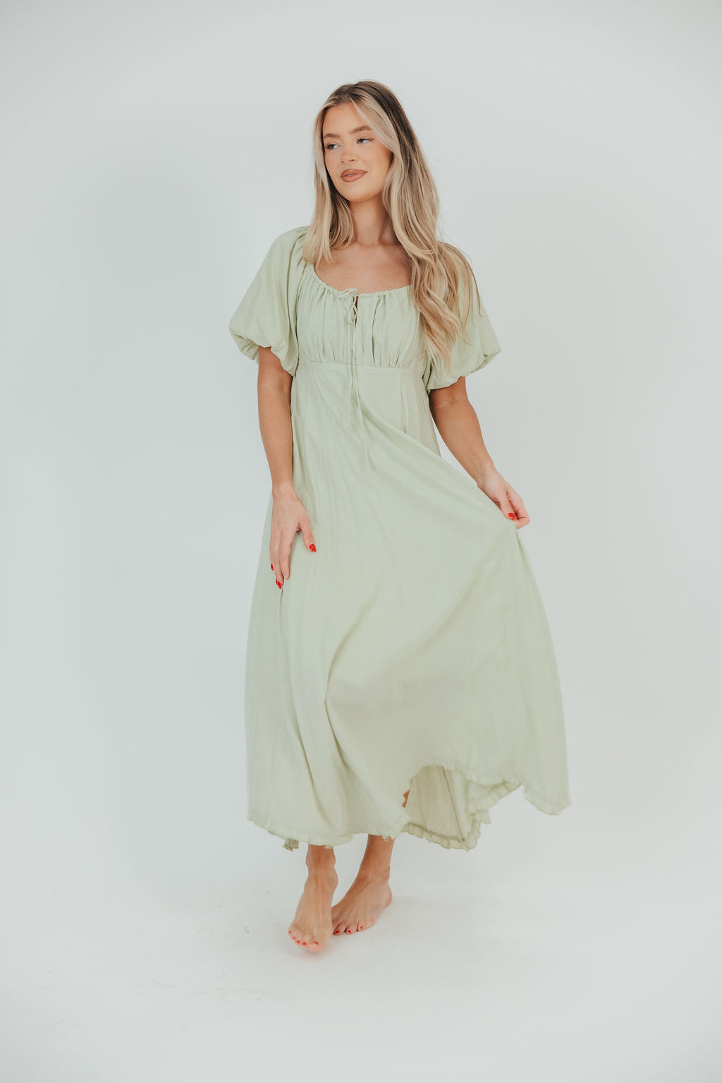 Chesley Puffed Sleeve Maxi Dress with Front Tie Detail in Light Green - Bump Friendly