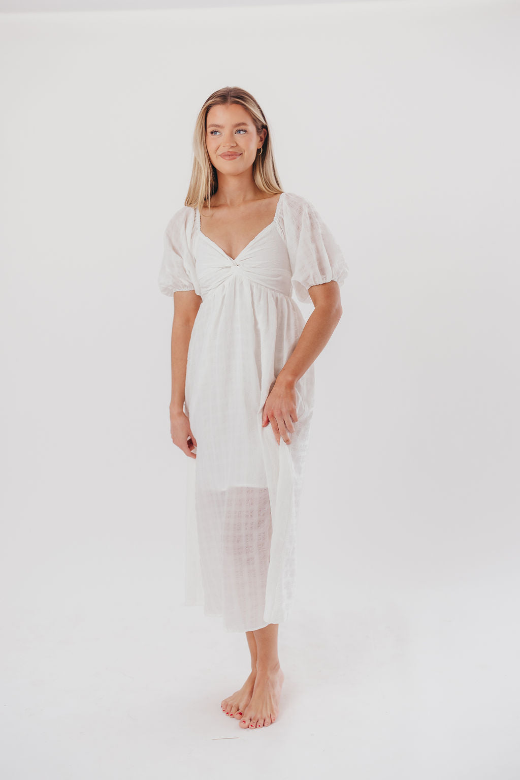 Clara Puffed Sleeve Midi Dress with Twisted Bodice in Cotton