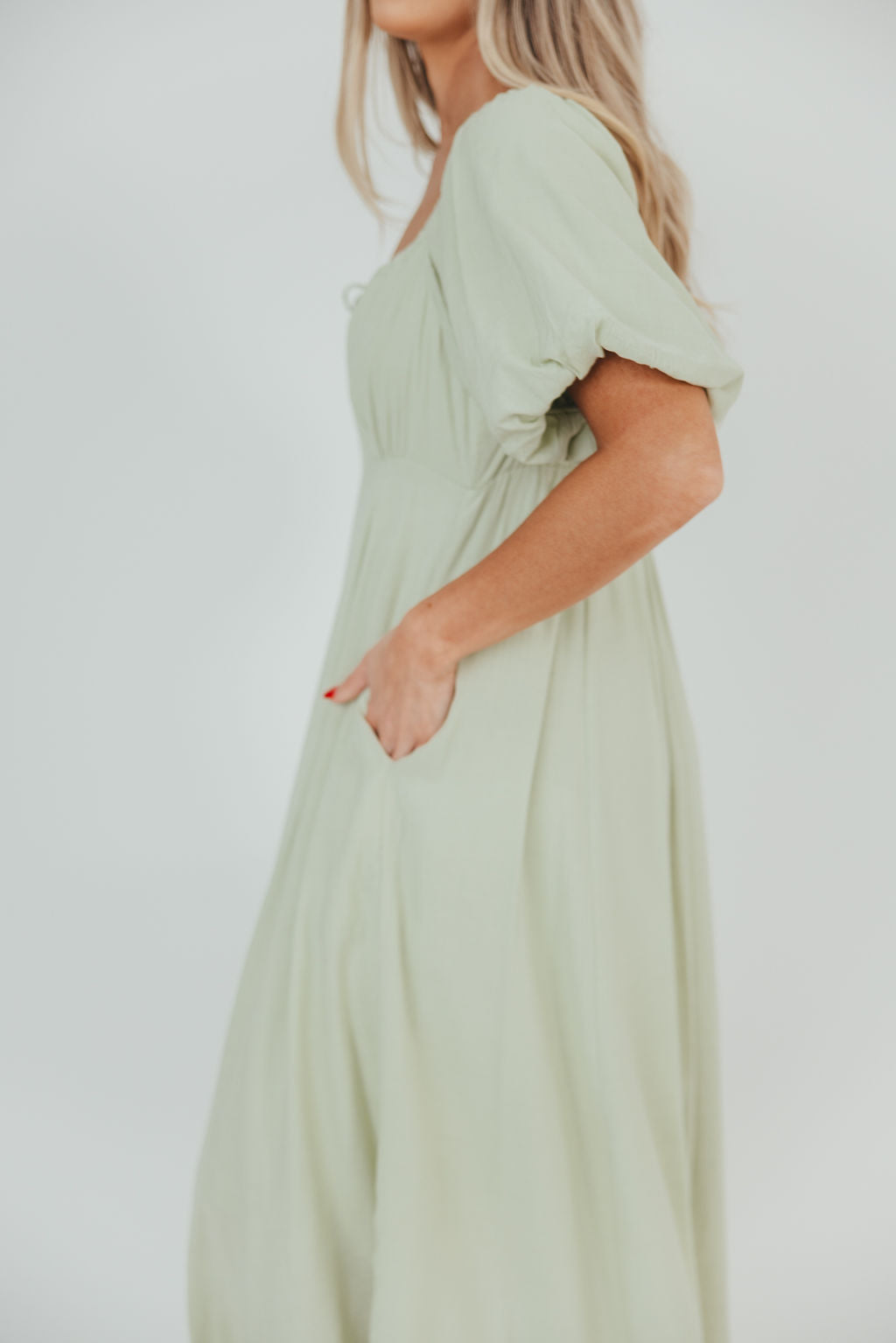 Chesley Puffed Sleeve Maxi Dress with Front Tie Detail in Light Green - Bump Friendly