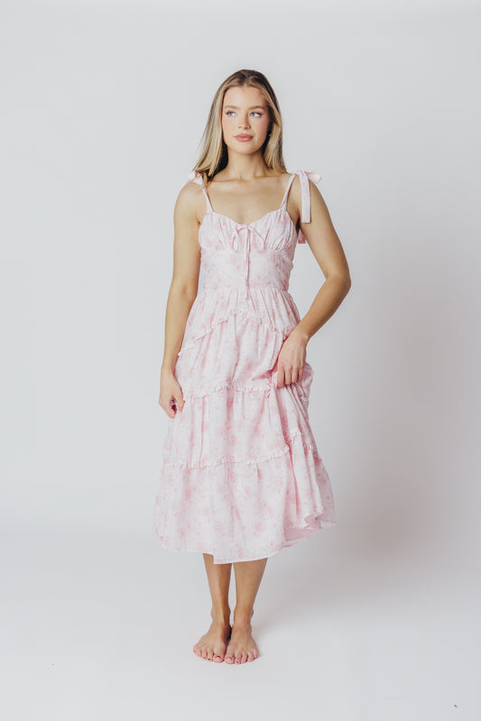 Rosie 100% Cotton Tie Strap Midi Dress in Pink Floral