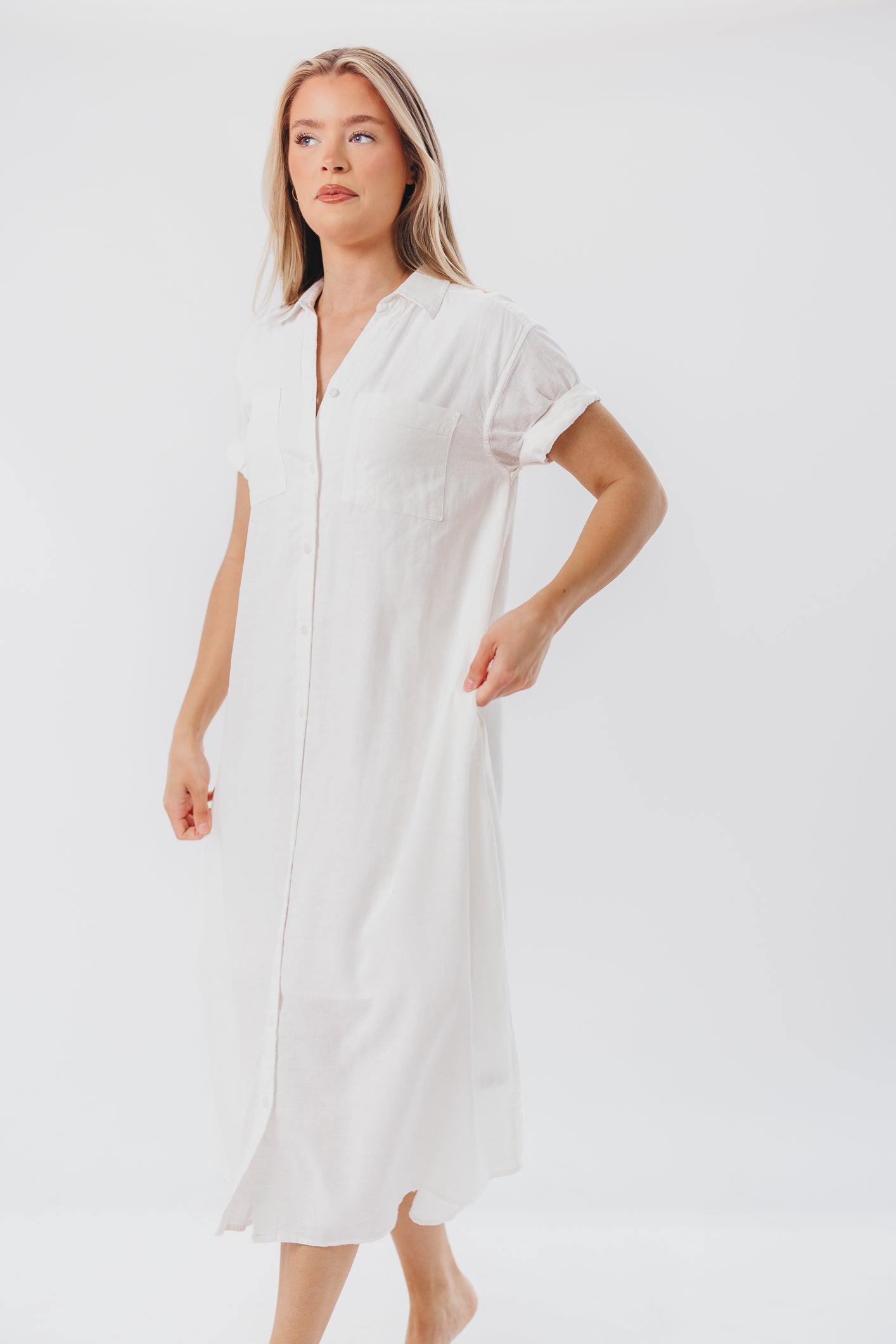 Paris Linen-Blend Midi Shirt Dress in Blanc - Nursing Friendly