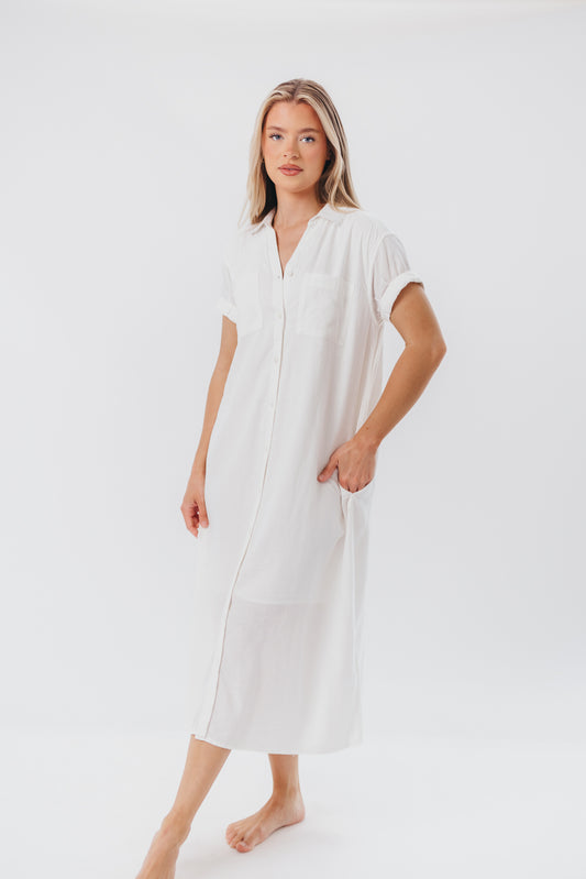 Paris Linen-Blend Midi Shirt Dress in Blanc - Nursing Friendly