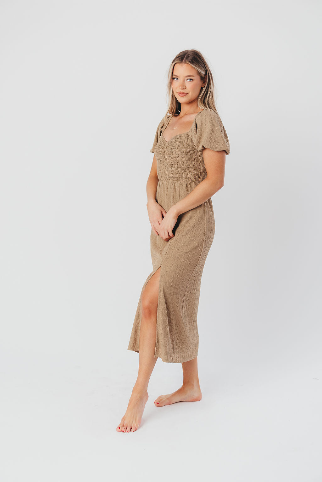 Maria Sweetheart Neckline Midi Dress in Taupe - Bump Friendly & Inclusive  Sizing (S-3XL)