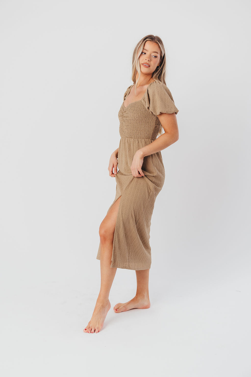 Maria Sweetheart Neckline Midi Dress in Taupe - Bump Friendly & Inclusive Sizing (S-3XL)