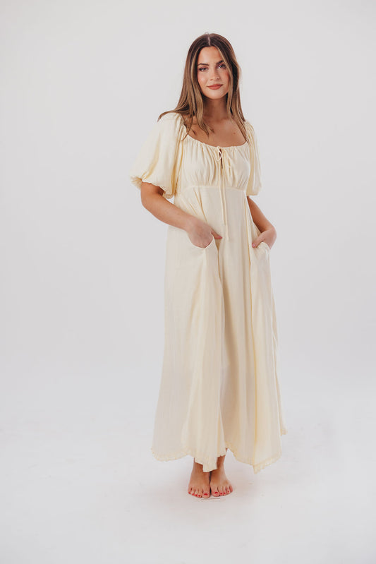 Chesley Puffed Sleeve Maxi Dress with Front Tie Detail in Natural