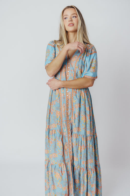 Mindi Border Print Maxi Dress with Buttons in Dusty Blue