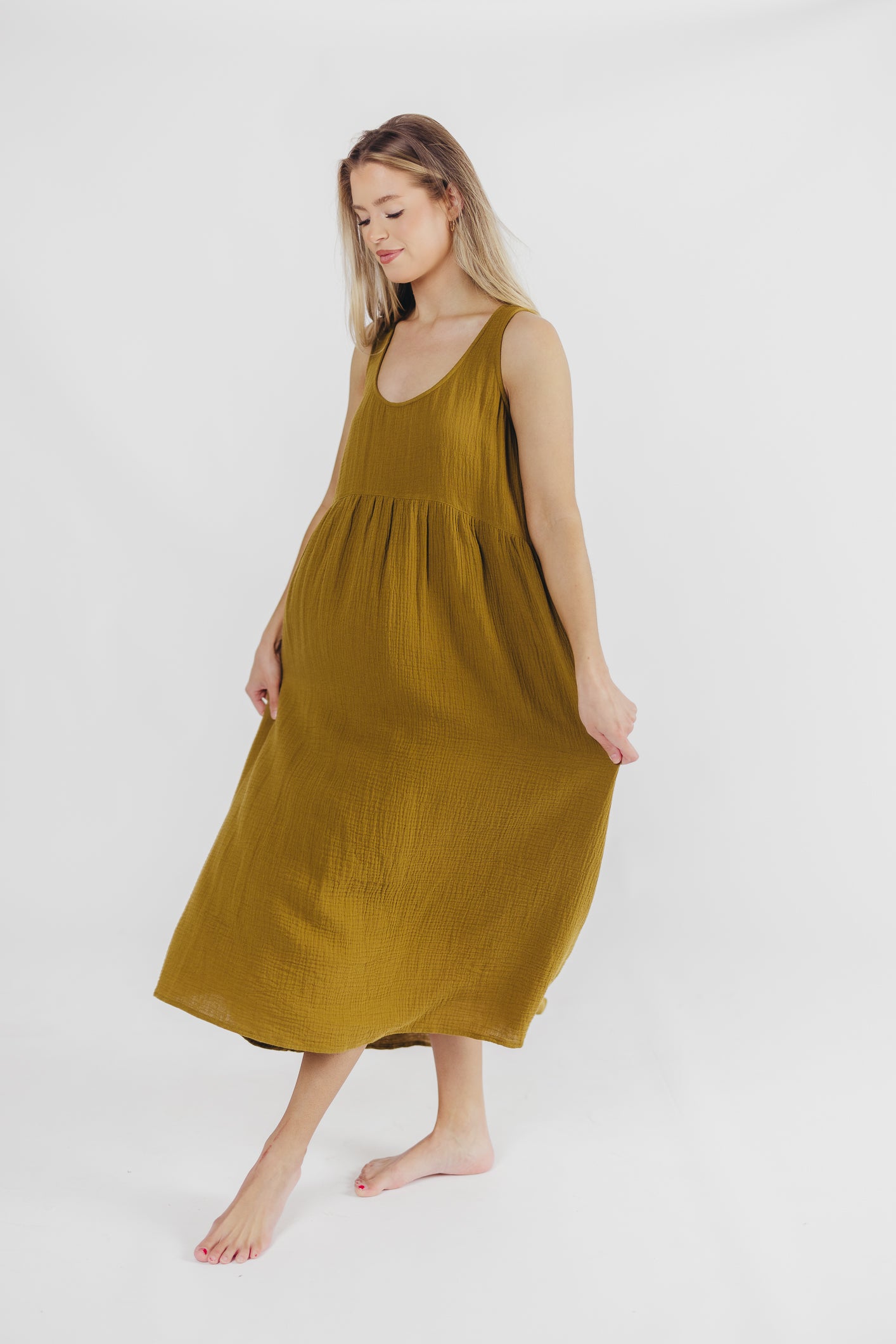 Brianna High-Low Gauze Maxi Dress in Brown Olive