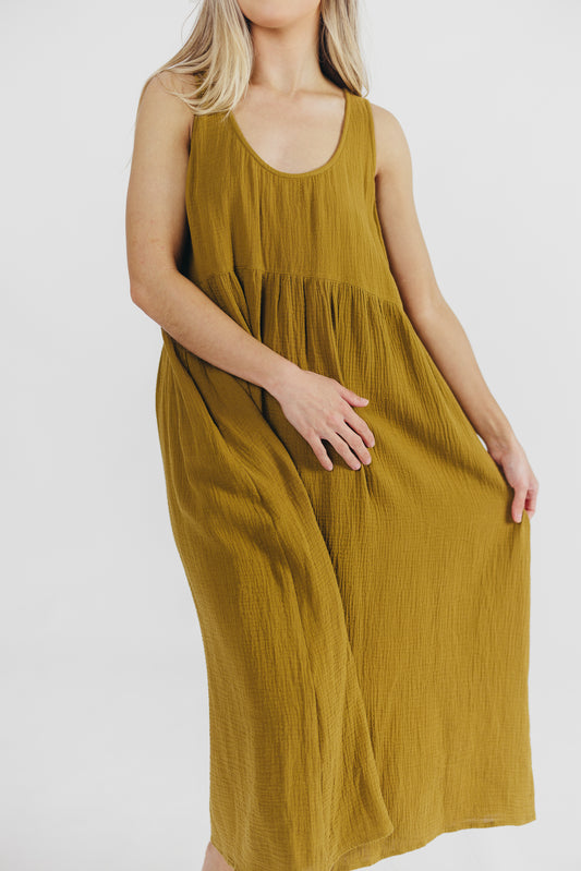 Brianna High-Low Gauze Maxi Dress in Brown Olive