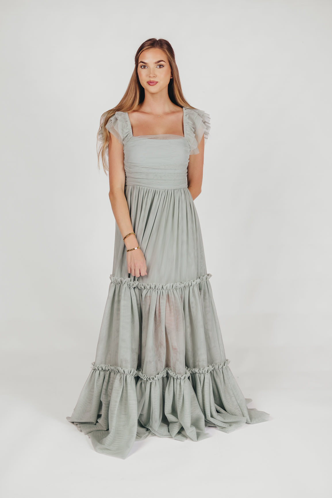 Bella Tiered Tulle Maxi Dress in Sage - Bump Friendly & Inclusive Sizing (S-3XL) Restocking End of Aug