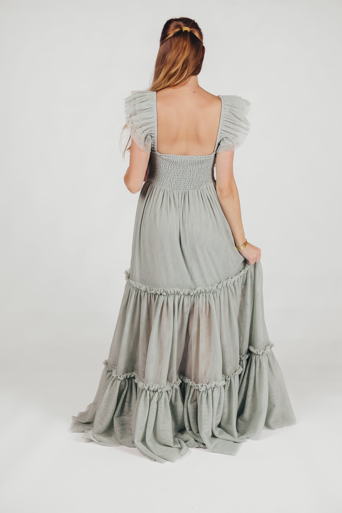 Bella Tiered Tulle Maxi Dress in Sage Bump Friendly Inclusive Sizing S 3XL