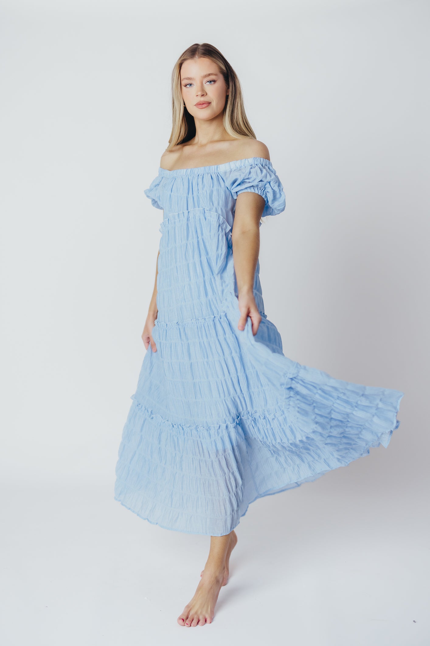 Kendall On and Off the Shoulder Maxi Dress with Ruffled Tiers in Blue