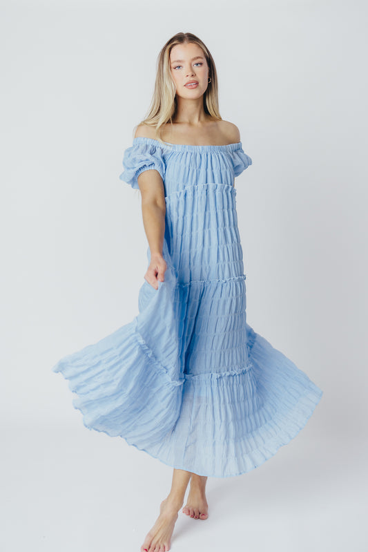 Kendall On and Off the Shoulder Maxi Dress with Ruffled Tiers in Blue