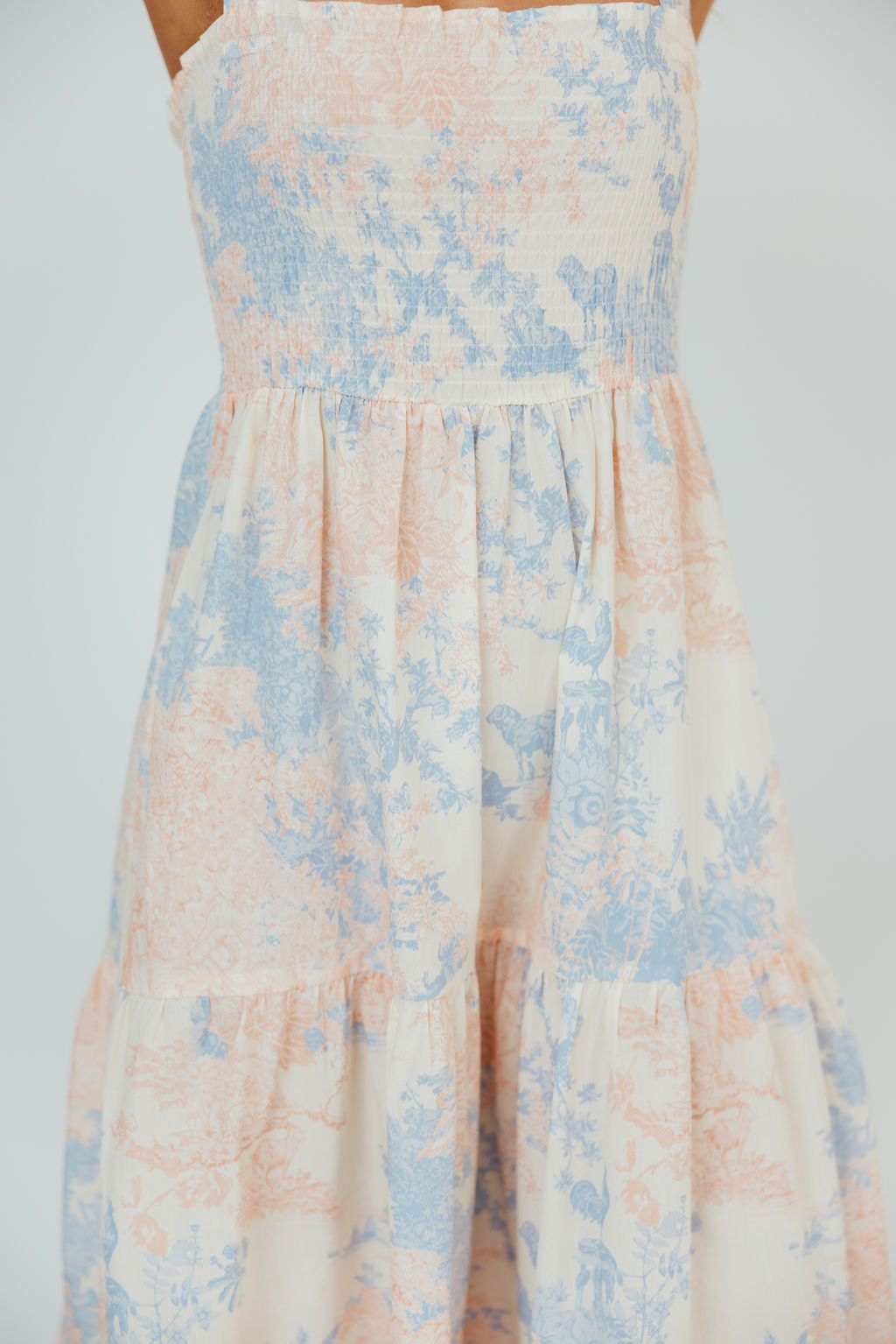 Ashley 100% Cotton Smocked Midi Dress in Cream/Blush/Blue (Sign Up for Restocks)
