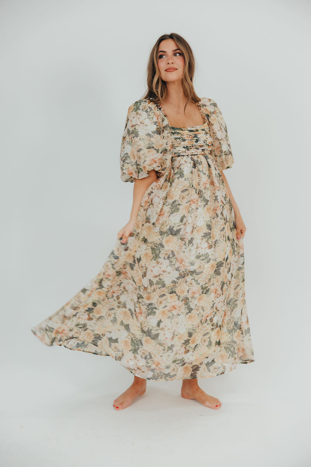 Melody Maxi Dress with Pleats and Bow Detail in Champagne Floral - Bum ...