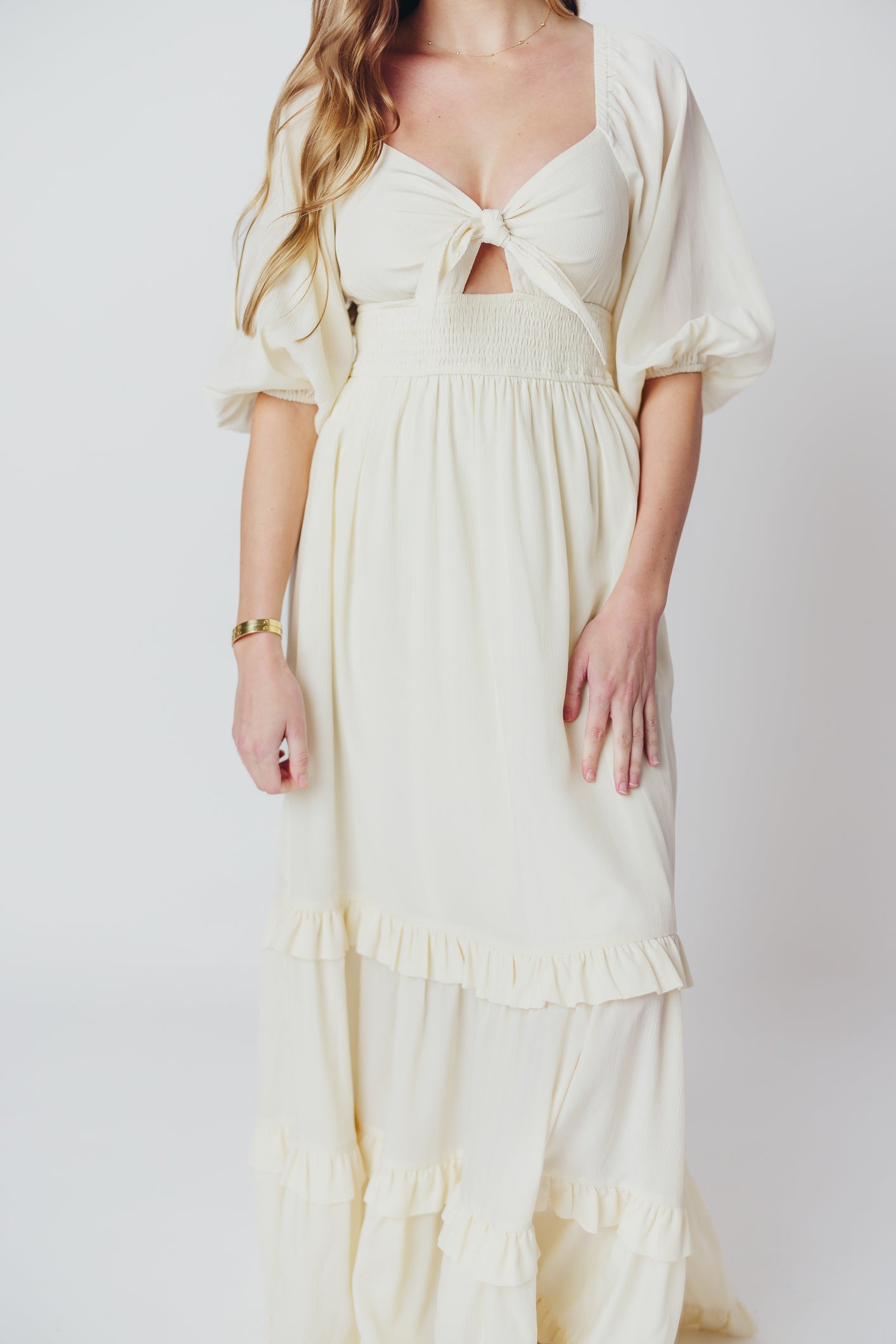 Eleanor Ruffle Detail Maxi Dress in Cream - Bump Friendly & Inclusive Sizing (S-3XL)
