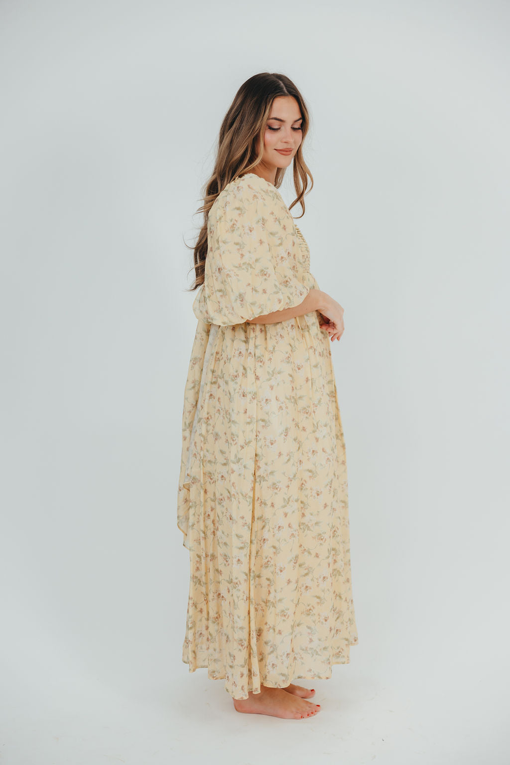 Melody Maxi Dress with Pleats and Bow Detail in Yellow Floral - Bump Friendly & Inclusive Sizing (S-3XL)