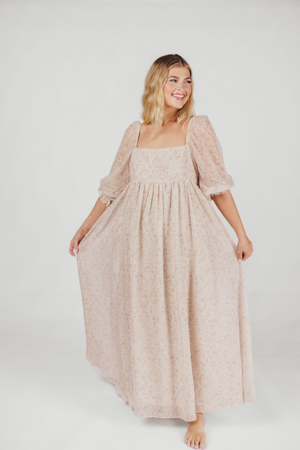 *New* Mona Maxi Dress with Smocking in Beige Floral - Bump Friendly & Inclusive Sizing (S-3XL)