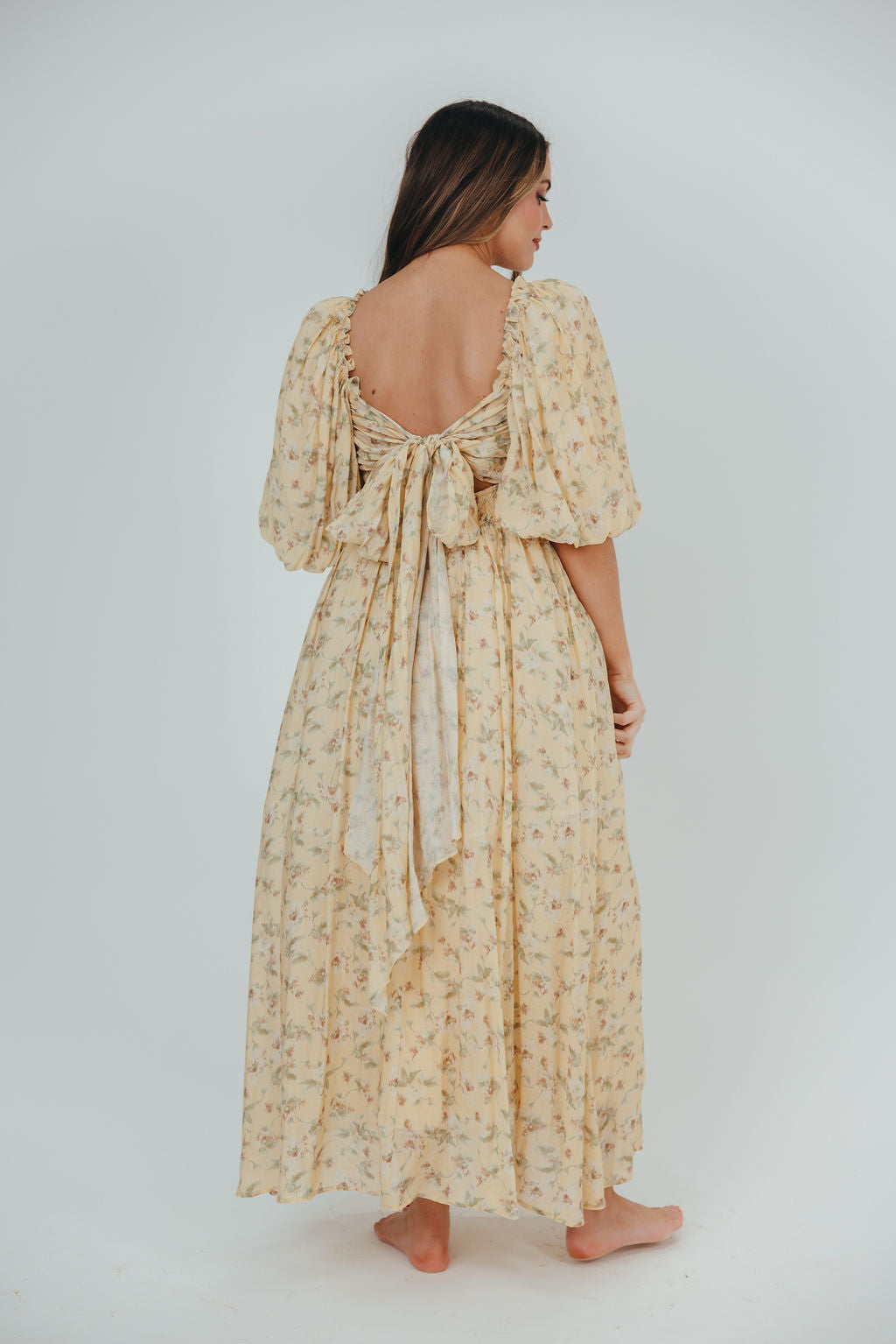 Melody Maxi Dress with Pleats and Bow Detail in Yellow Floral - Bump Friendly & Inclusive Sizing (S-3XL)