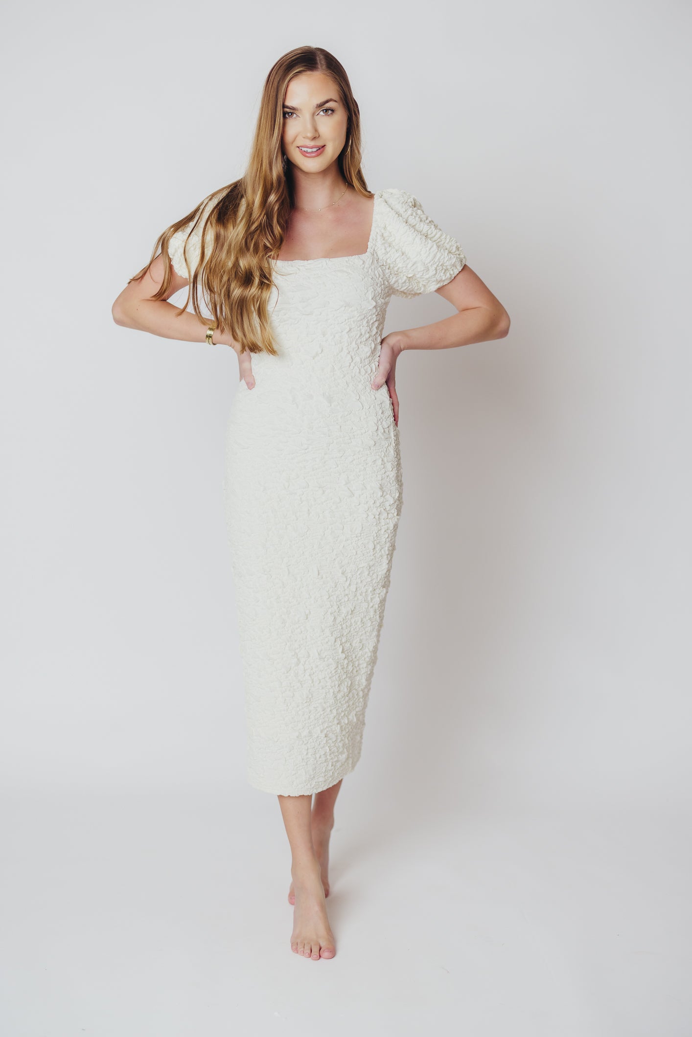 Blakeley Textured Midi Dress in Ivory - Bump Friendly & Inclusive Sizing (S-3XL)