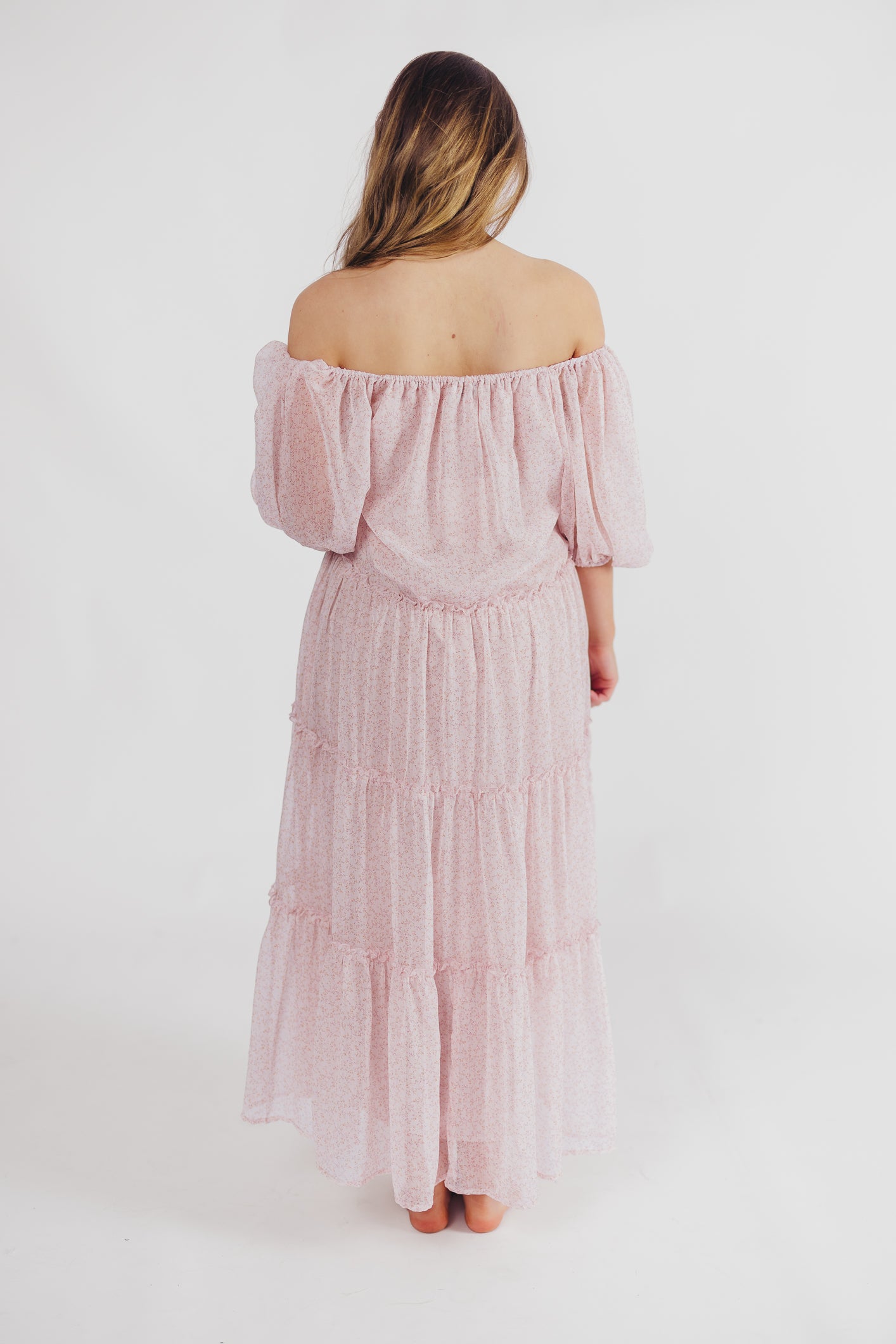 Eva Puffed Sleeve Maxi Dress in Light Pink Multi - Bump Friendly & Inclusive Sizing (S-3XL)