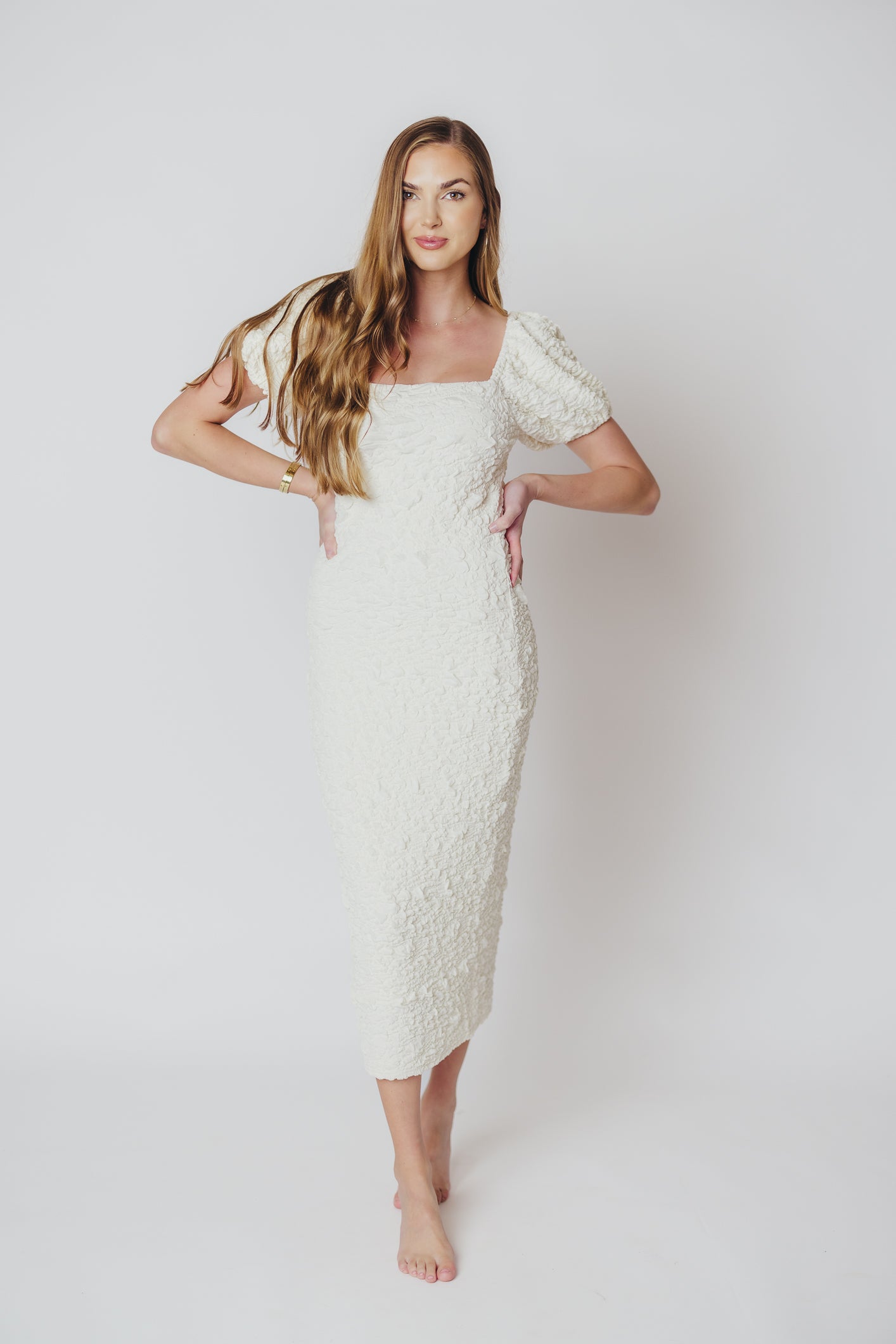 Blakeley Textured Midi Dress in Ivory - Bump Friendly & Inclusive Sizing (S-3XL)
